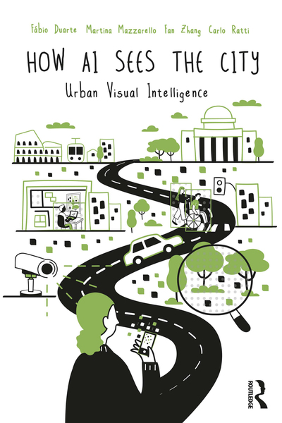 The full book cover for “How AI Sees the City; Urban Visual Intelligence” shows cameras, roads, cars, and the MIT Great Dome.