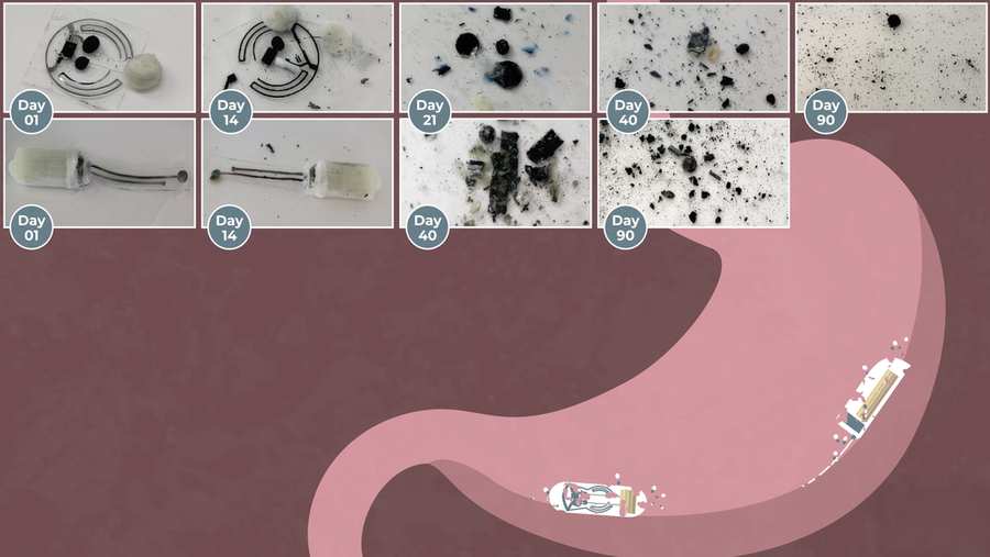 On top, photos show how the disc and bar batteries dissolve within 90 days into black dust. Below, a cartoon stomach has 2 dissolving batteries inside.