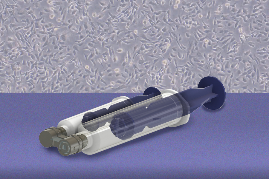 A handheld device resembling a dual-tube syringe