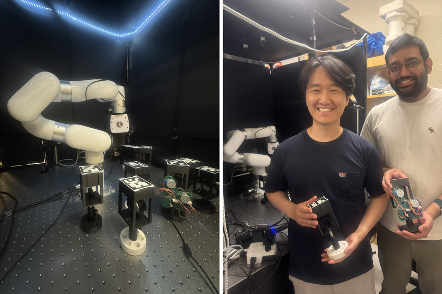 Two photos. On left is the lab’s experimental setup with a robot arm and boxes. Seou Choi and Sachin Vaidya show us what’s inside of the boxes, showing a lens and a green motor.