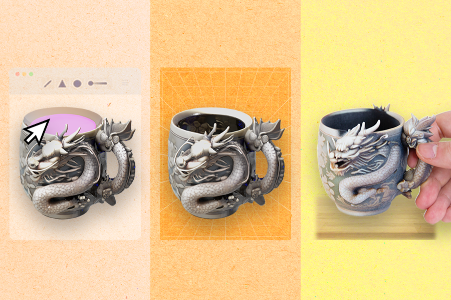At left, a cursor appears on the lid of a mug featuring a dragon. At center, the mug lid has disappeared. At right, a hand holds a printed version of the mug.