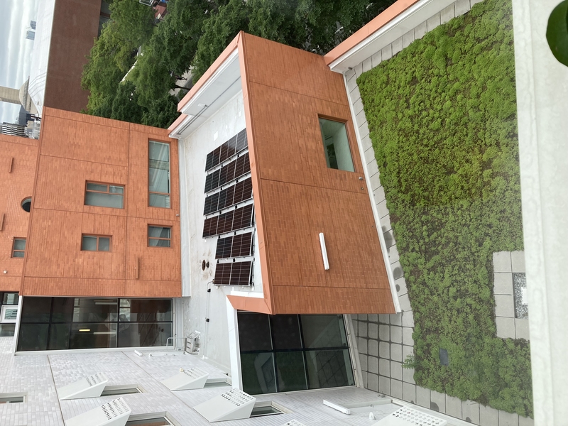 Overhead view of a red-brick building courtyard featuring rooftop solar panels and a large green roof covered with low-growing plants.