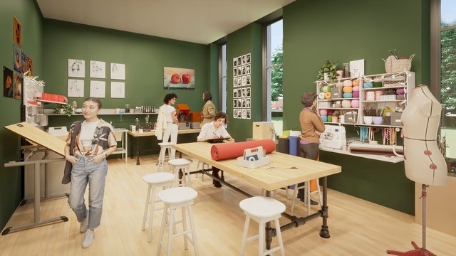 Architectural rendering of women in a green room filled with crafting tables and supplies