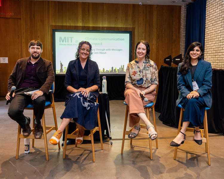 Aaron Krol, Allison Crimmons, Arielle Tannenbaum, and Mallika Talwar sit on stools, posing for a photo, in an indoor conference space
