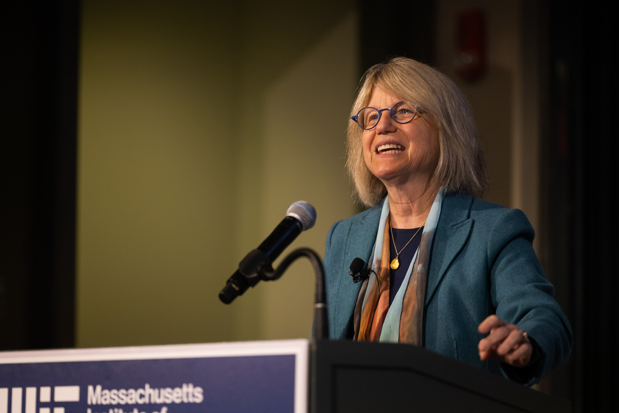 Sally Kornbluth speaking at podium