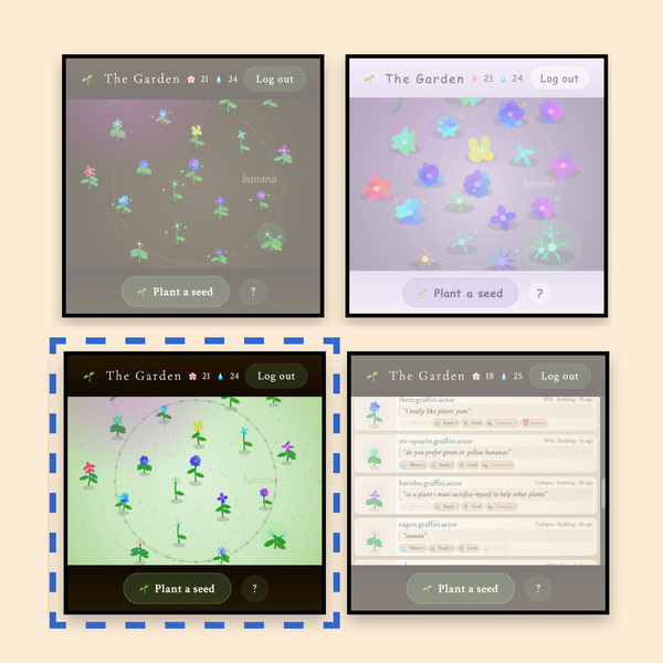 Four versions of “The Garden” show posts that look like flowers. The flowers and background are different on each one.