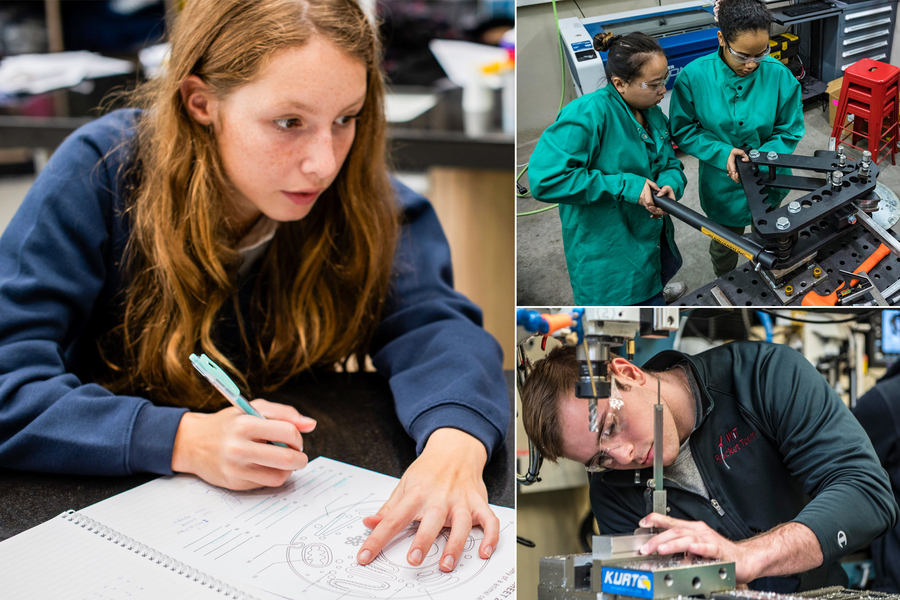 Students working in a classroom, and in a maker space