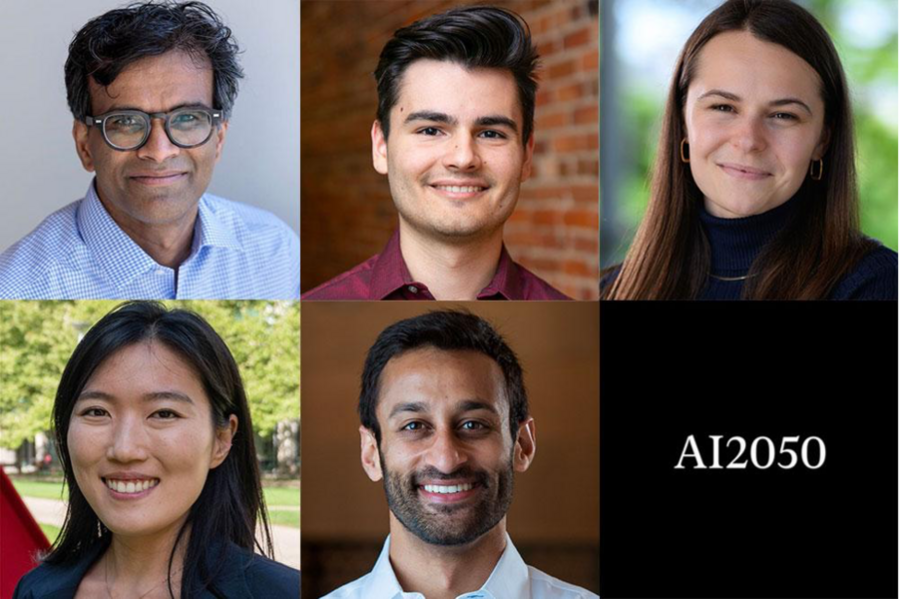 Five portrait photos of MIT faculty, plus the term AI2050