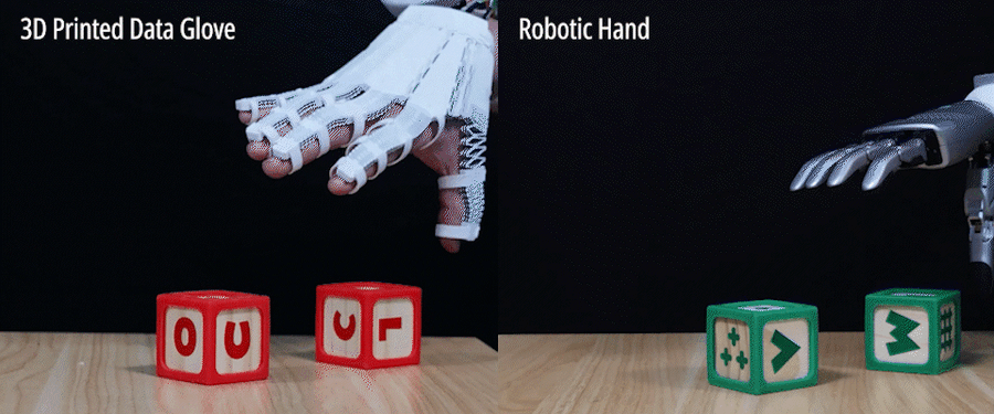 On the left, an animated human hand wearing a motion-capture glove places a block on top of another. On the right, a robotic hand duplicates the motions.