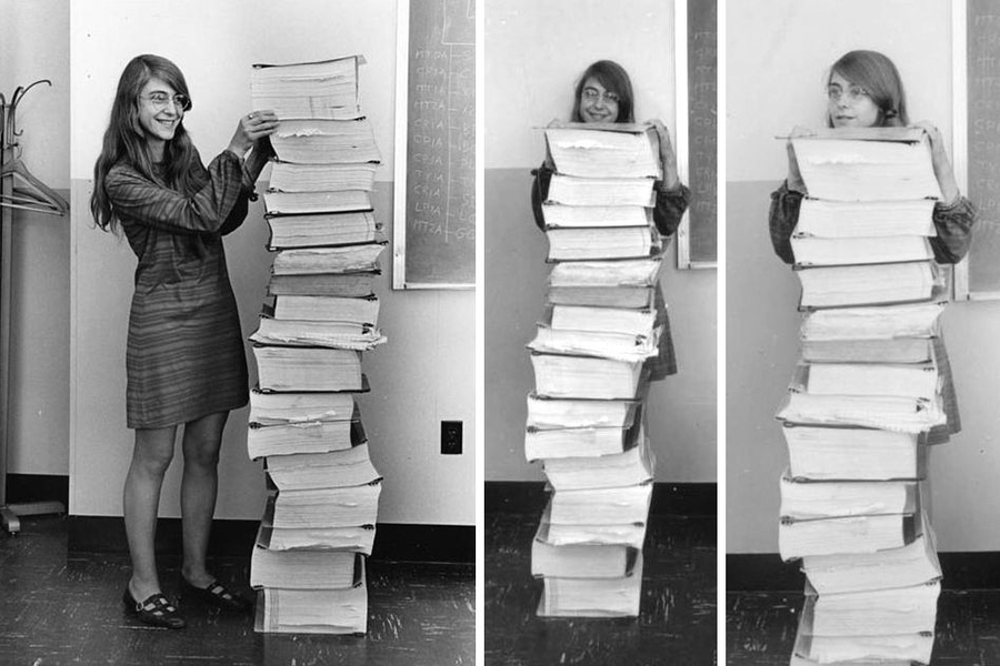 Collage of 3 grayscale photos of a young Margaret Hamilton standing beside stack of code books that, all together, are about as tall as she is.