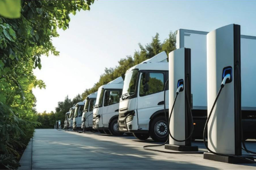 Photo of a line of EV commercial trucks parked at chargers