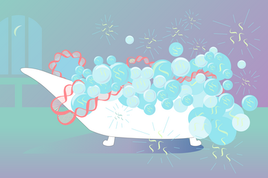 An illustration of a helical RNA strand "relaxing" in a bubble bath