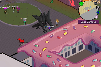 Video game rendition of MIT's McDermott Court with a building covered in icing and rainbow sprinkles