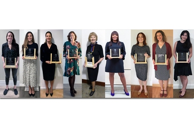 Nine side-by-side photos of women holding 2020 U.S. C3E Award plaques