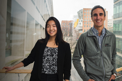 Photo of Kylie Ying and Jorge Castillo standing side-by-side, with the Stata Center in the background