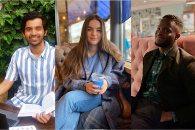 Side-by-side photos of a man, a woman, and a man, all seated