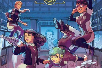 Detail of the cover of "The Curie Society” is a colorful comic featuring four women in matching jumpsuits, seemingly floating in a room, with a portrait of Marie Curie in the background