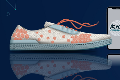 Illustration of a white sneaker with peach-colored patterned embroidery and a cellphone on the right
