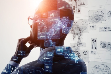 Photo illustration of a man facing away from the camera, with his hand on his chin, while various computer screens floating around the back of his head