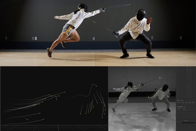 Top photo shows two fencers sparring in regular light. Bottom photo shows two fencers with infrared reflective markers on their bodies to track their movements