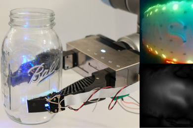 Photo of a robotic gripper holding a Mason jar, with a close-up detail of the tactile sensor