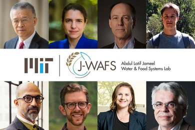 Headhshots of Gang Chen, Heather Kulik, Gregory Rutledge, César Terrer, John Fernández, Scott Odell, Ariel Furst, and Michael Triantafyllou. In the center is a logo for MIT J-WAFS