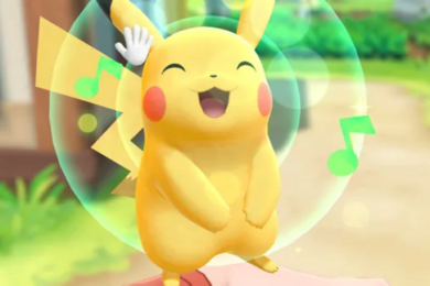 Screenshot of the yellow video game character Pikachu smiling and standing on a path with greenery in the background