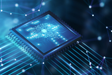 conceptual art of a human brain comprised of electrical circuits, overlaid onto a computer chip