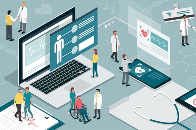Cartoon illustration of medical personnel walking on a circuit board amidst giant medical information device props
