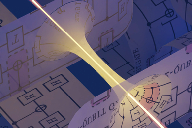 A wormhole is depicted as a two-ended funnel connecting two planes with data written on them, as a beam of light travels through the resulting corridor