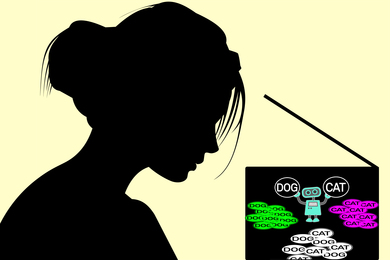 Silhouette of a woman looking into a black box where a little robot is sorting labels of "cats" and "dogs"