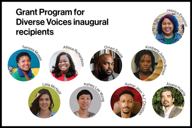 physics experiments based on light A box containing nine circular portrait photos labeled with the subject's name, plus text saying "Grant Program for Diverse Voices inaugural recipients"