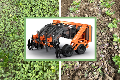 Background shows 2 closeup photos of crops and weeds; the right side has been weeded. In foreground is an image of the new tractor-like robot.