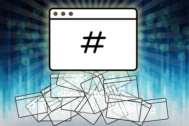 question for research paper A stylized pop-up screen has a “hash” icon. Many other translucent versions of the screen pile up below, on a decorative background.