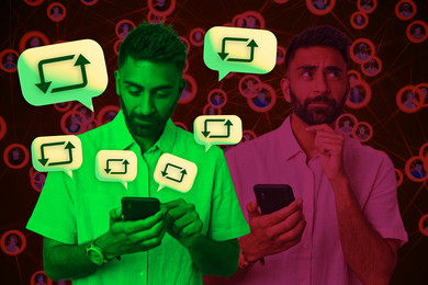 A man is shown in green, looking at his cellphone, with ‘retweet’ icons in speech balloons emanating from his phone. Behind him, the same man is shown in red, but in contemplation. The background pattern depicts a social network.