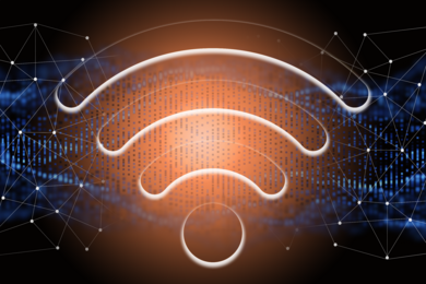 question for research paper A transparent wifi icon is in front of a web-like neural network, with decorative background.