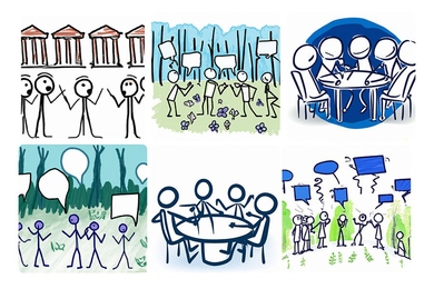 An AI-generated array of six cartoons, each showing a set of stick figures talking and debating