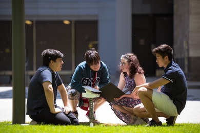 On a sunny day, four people squat on the grass around a solar-powered bus stop monitor angled to catch the sunlight. 