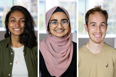 Headshots of Serena Patel, Rameen Hayat Malik, and Ethan Harrison.