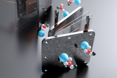 An electrolyzer, which looks similar to the fuel cell and has molecules floating around it.