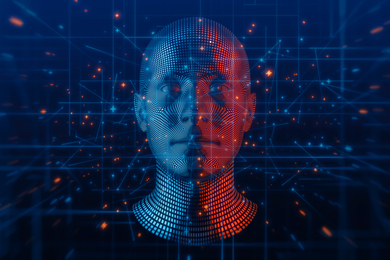 copying homework assignments is wrong yes or no Illustration of transparent human avatar’s face as pixels and lines zoom toward.