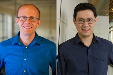 new research in microbiology Side-by-side headshots of Michael Birbaum and Gene-Wei Li
