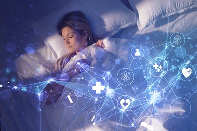 A woman sleeps in bed. An illustrated network-like design in blue, with medical icons connected by straight lines, appears across half of the image.