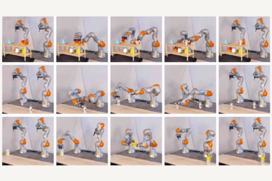 15 photos in a sequential 3x5 grid show two robotic arms working together to pick up an item.