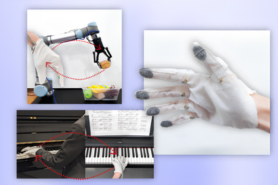 Collage of four images of a hand wearing a white, fabric-based glove with black fingertips and haptics and sensors sewn in. Two use cases shown include manipulating a robotic arm and playing a piano.