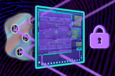 Three layers show a glob of glue, shiny circular metal bits, and the colorful blue computer chip. Pink lasers go through the chip and hit the circular metal bits and bounce back. A lock icon is to the right.
