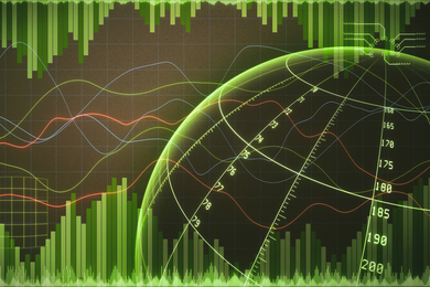 Stylized collage of bar graphs, wavy lines and a sphere with coordinates.