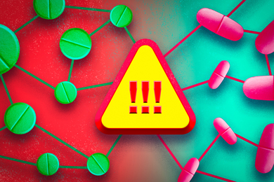 Two types of pills each have their own web-like machine-learning model. They meet in the middle where a big yellow warning sign has three exclamation marks.