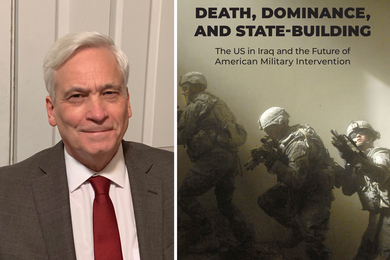 On left, a photo of Roger Petersen. On right, the cover of the book shows three soldiers walking up stairs and the text, “Death, Dominance, and State-Building: The US in Iraq and the Future of American Military Intervention.”
