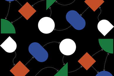 Simple shapes like circles and squares are connected by dotted lines, against a black background.